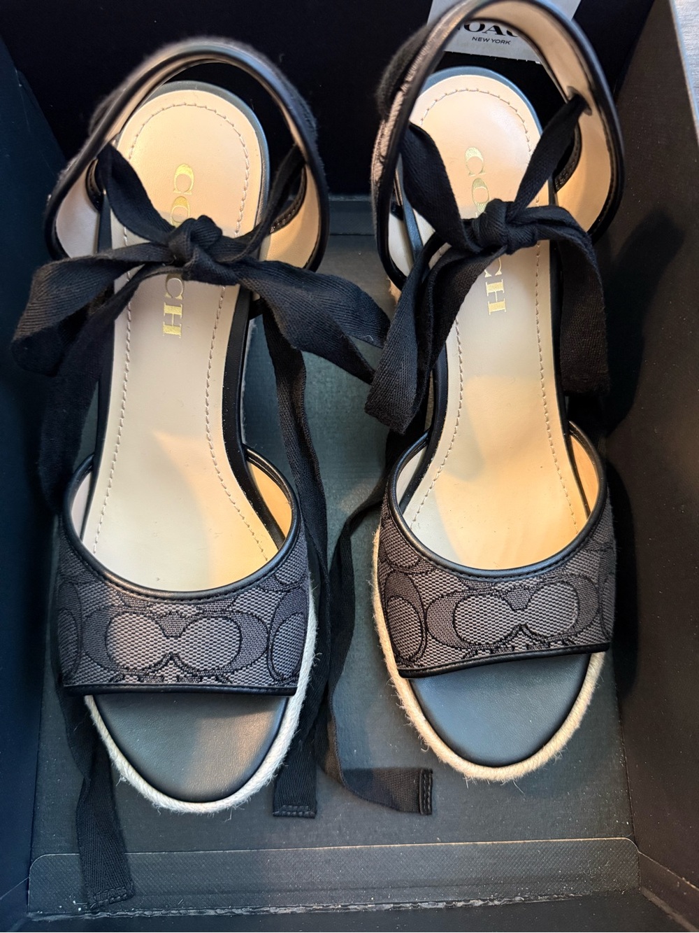 Coach Black Logo Espadrille Wedge Sandals with Ankle Ties
